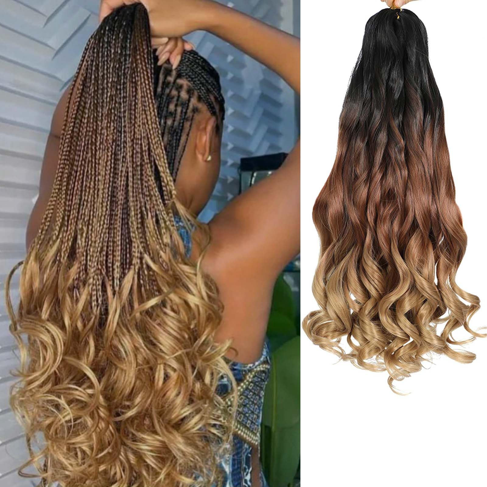 French Curly Braiding Hair 8 Packs Loose Wavy Braiding Hair Pre Stretched Bouncy Synthetic French Curl Braiding Hair Extensions for Women (1B/30/27#,