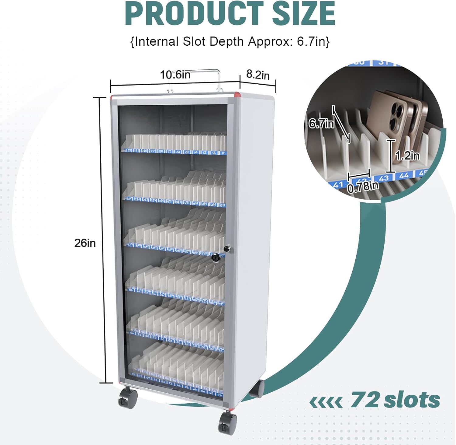 72-Slot Cell Phone Locker with Lock & Wheels, Aluminum Alloy Cell Phone Storage Cabinet for Classroom Office Library Meeting Room Employee- Portable & Mobile Cellphone Lock Box Phone Holder