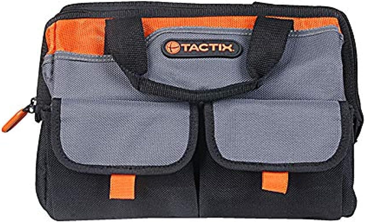 Tactix 12 Inch Gate Mouth Tool Bag - Ideal for Hand Tools and Small Items, Features Multiple Compartments for Maximum Organization and Quick Access, Perfect for Home, Garage and Job Site- 323145