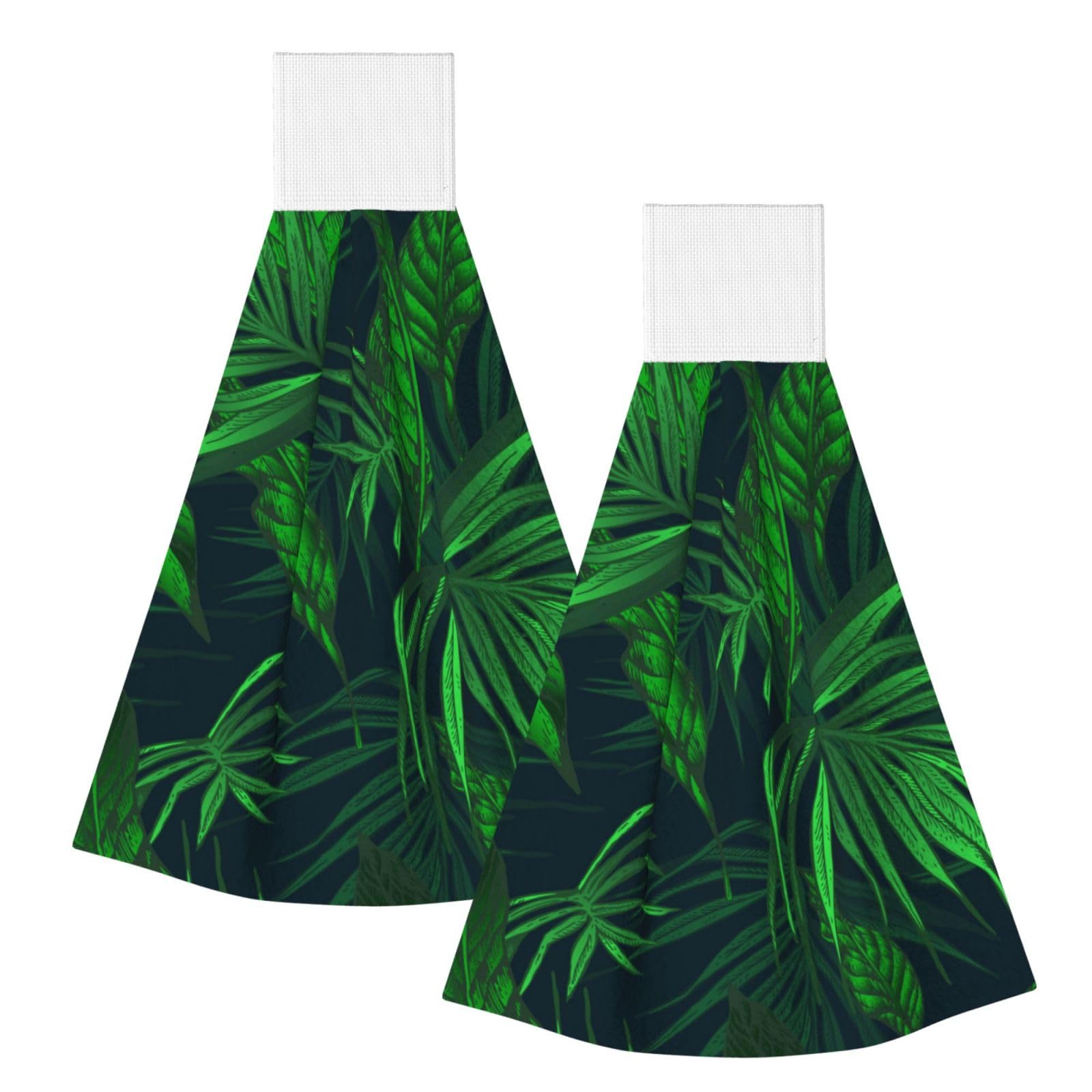 DOPKLNA Green Tropical Jungle Plant Printed, 2 Pcs Hanging Coral Fiber Hand Towels for Bathroom, Absorbent Kitchen Towels