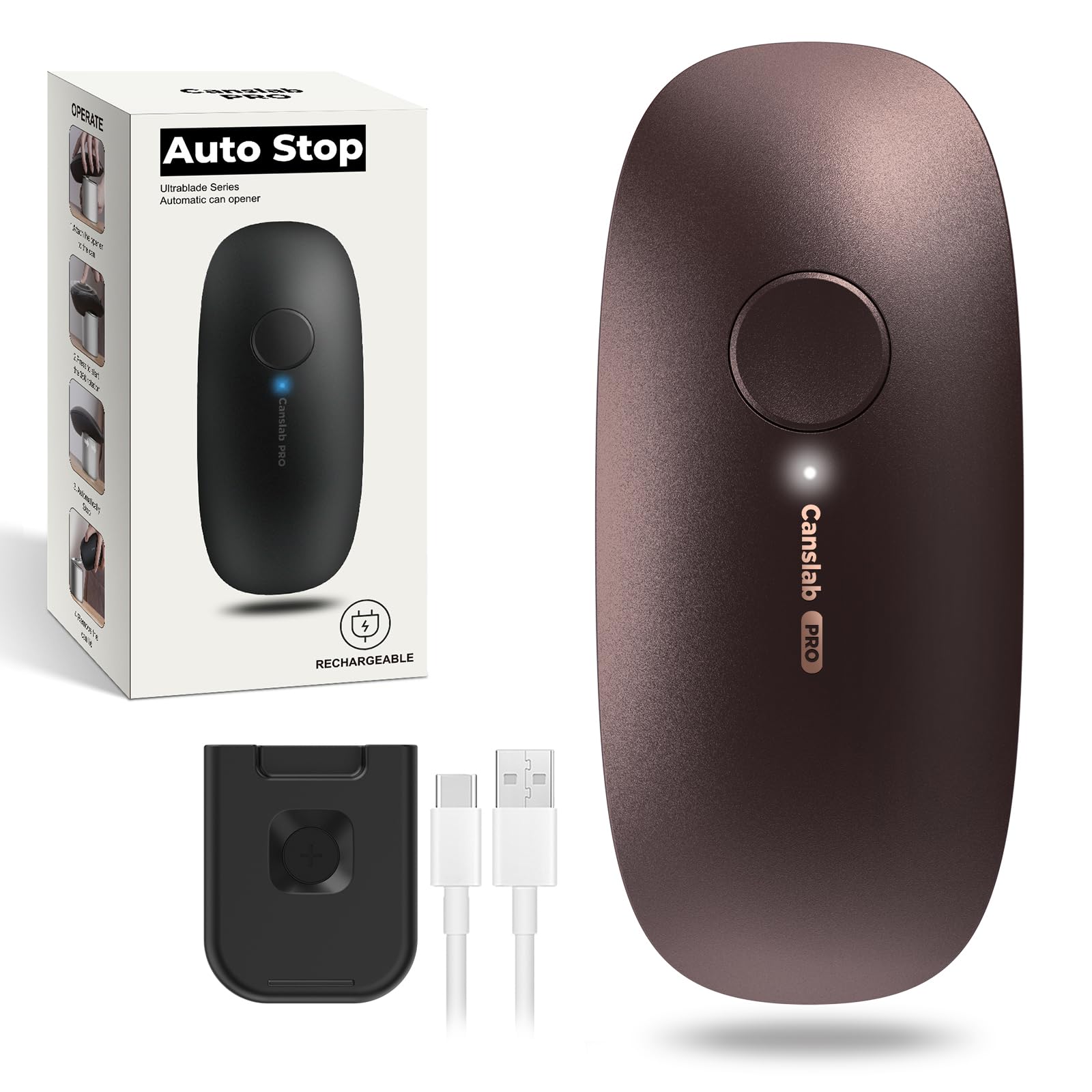 Ultrablade PRO Auto Stop USB Rechargeable Can Opener for Kitchen for Seniors with Arthritis, Long Battery Life, Handfree One Touch, Side Cut for Smooth Edge, Wall Mounted Small Size, Brown