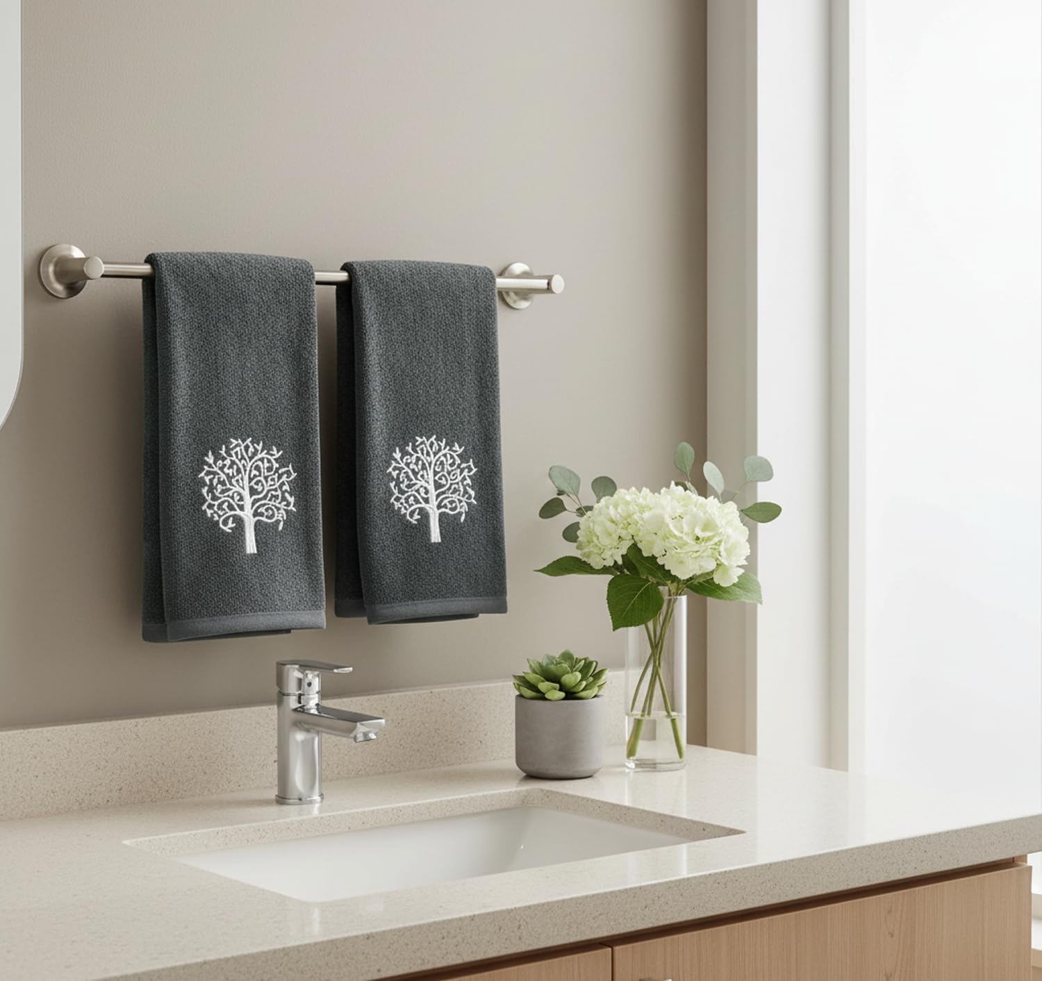 Serafina Home Tree of Life Bath Hand Towels Bathroom Decor Farmhouse: Grey Gray Cotton Towels with Embroidered White Ornate Tree, 2 Piece Set - Image 6