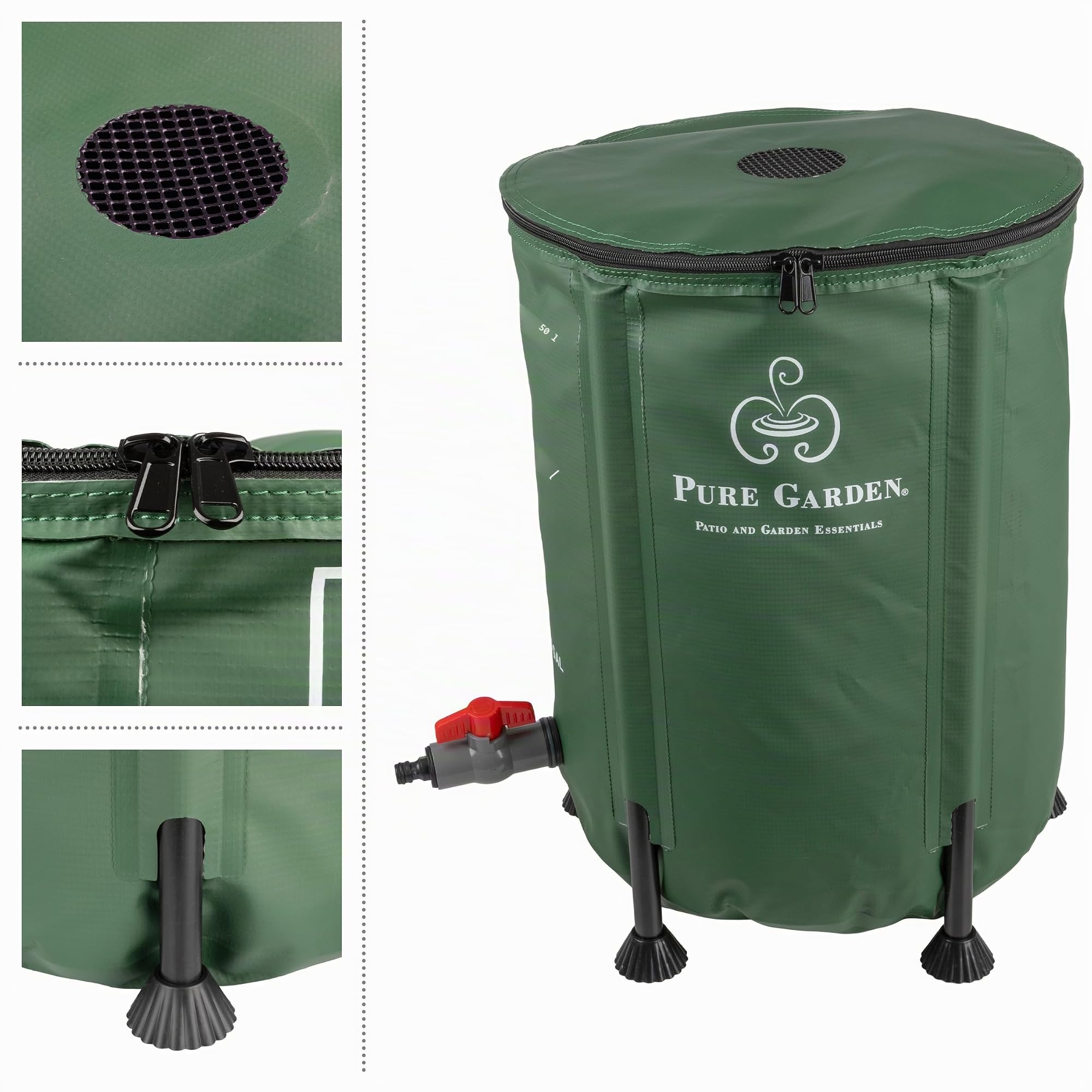 Pure Garden Regentonne - 50 Liter Faltbarer Wasserbehälter zum Auffangen von Regenwasser - Tragbarer Wassertank mit Auslaufventil (Grün)
