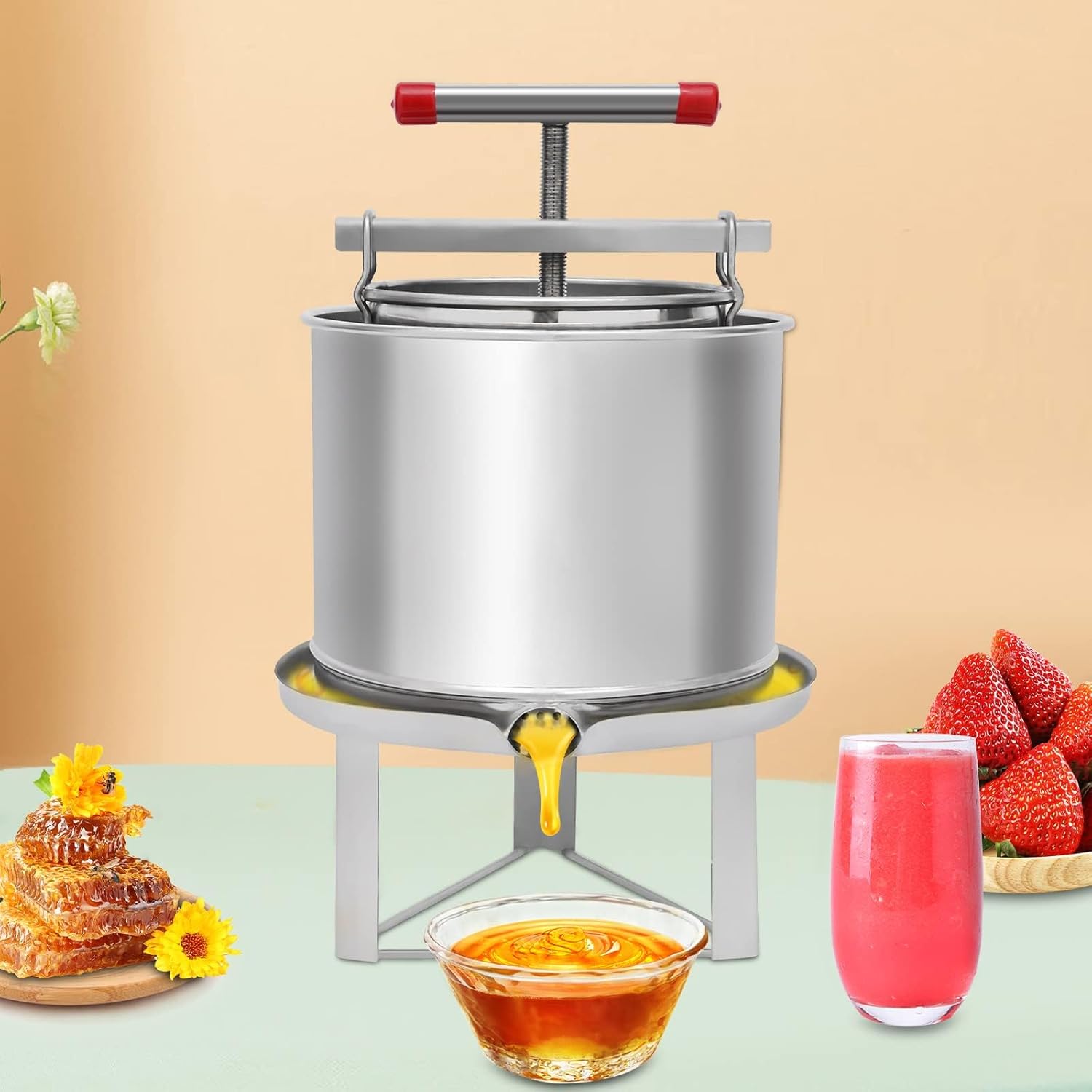 12.6L/3.3Gal Manual Press Machine Fruit Wine Press with T-Handle, Stainless Steel Wine Making Equipment Manual Cheese Press Grape Cider for Pressing Cheese, Herbs, Olive Oil, Honey
