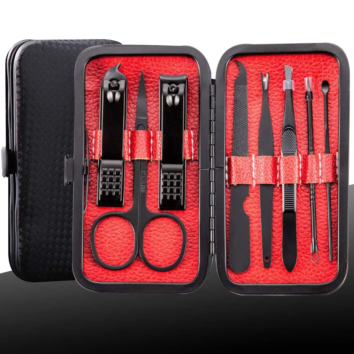 Manicure Kit Nail Clippers Set Stainless Steel Professional Pedicure Black 8 in 1 Grooming Nail Scissors Cutter Ear Pick Tweezers Scissors Eyebrow Nail file for Man&Women gift-image-11