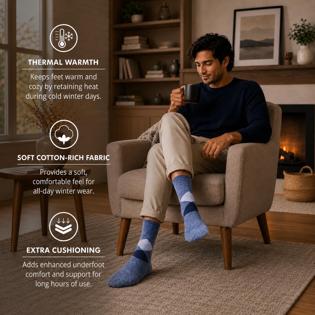 Supersox Winter Thermal Regular Socks for Men | Cotton Rich | Extra Cushioning | Warm, Soft & Cozy Feel | Cold Weather Daily Wear | Blue, Black, Grey | Pack of 3 1