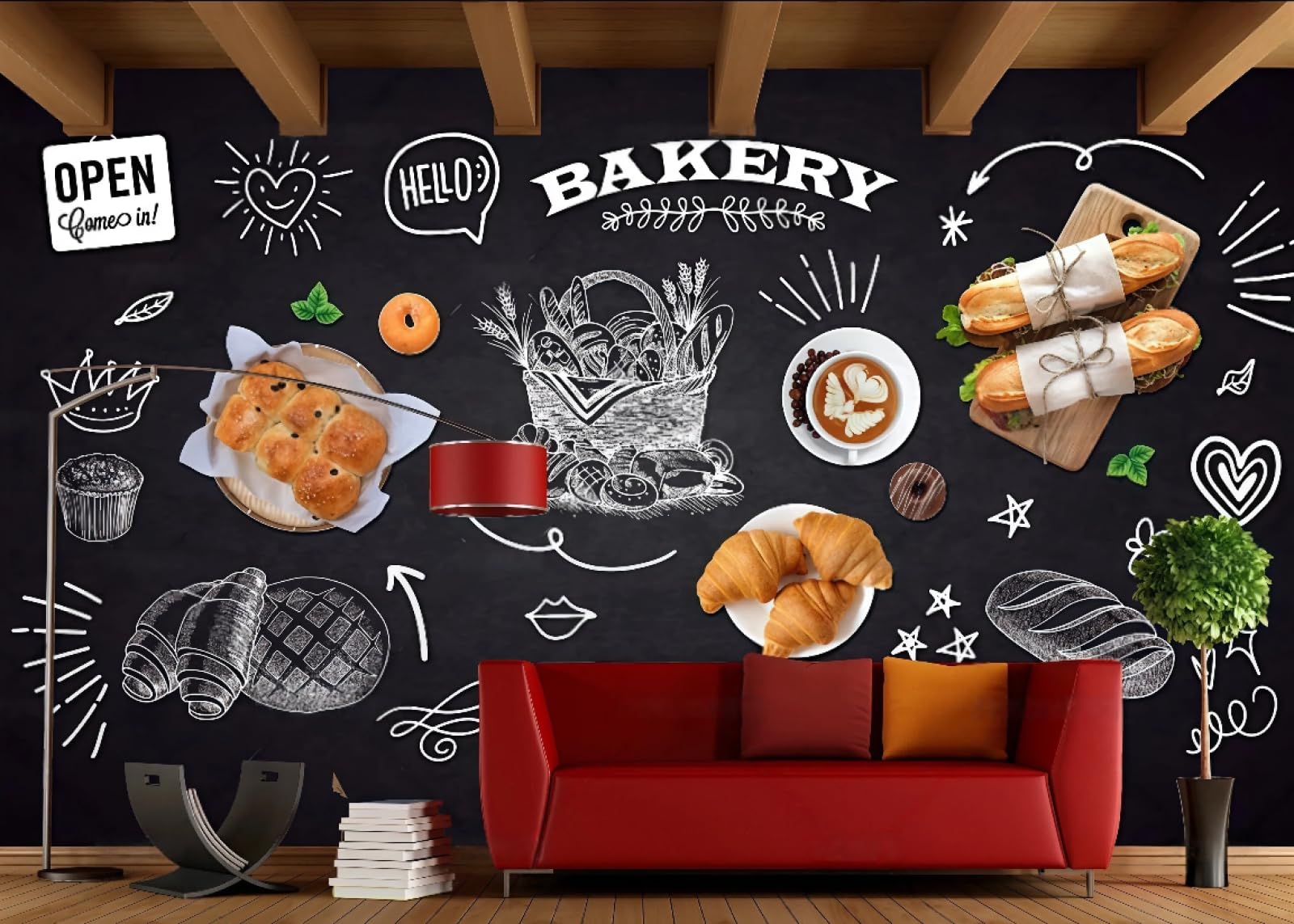 rskjdghshd Wallpaper Retro Blackboard Wall Hand-Painted Bakery Cake Shop Burger Catering Gourmet Background Wall Western Restaurant Wallpaper Drink Cafe Mural,3D,430x300cm