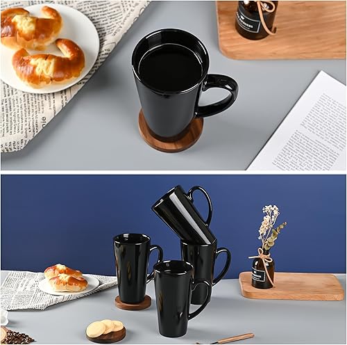 Miniatura 5 de Tazas de café altas de cerámica embudo negro de 16 onzas para café, té, cacao, café con leche, juego de 4 (negro)