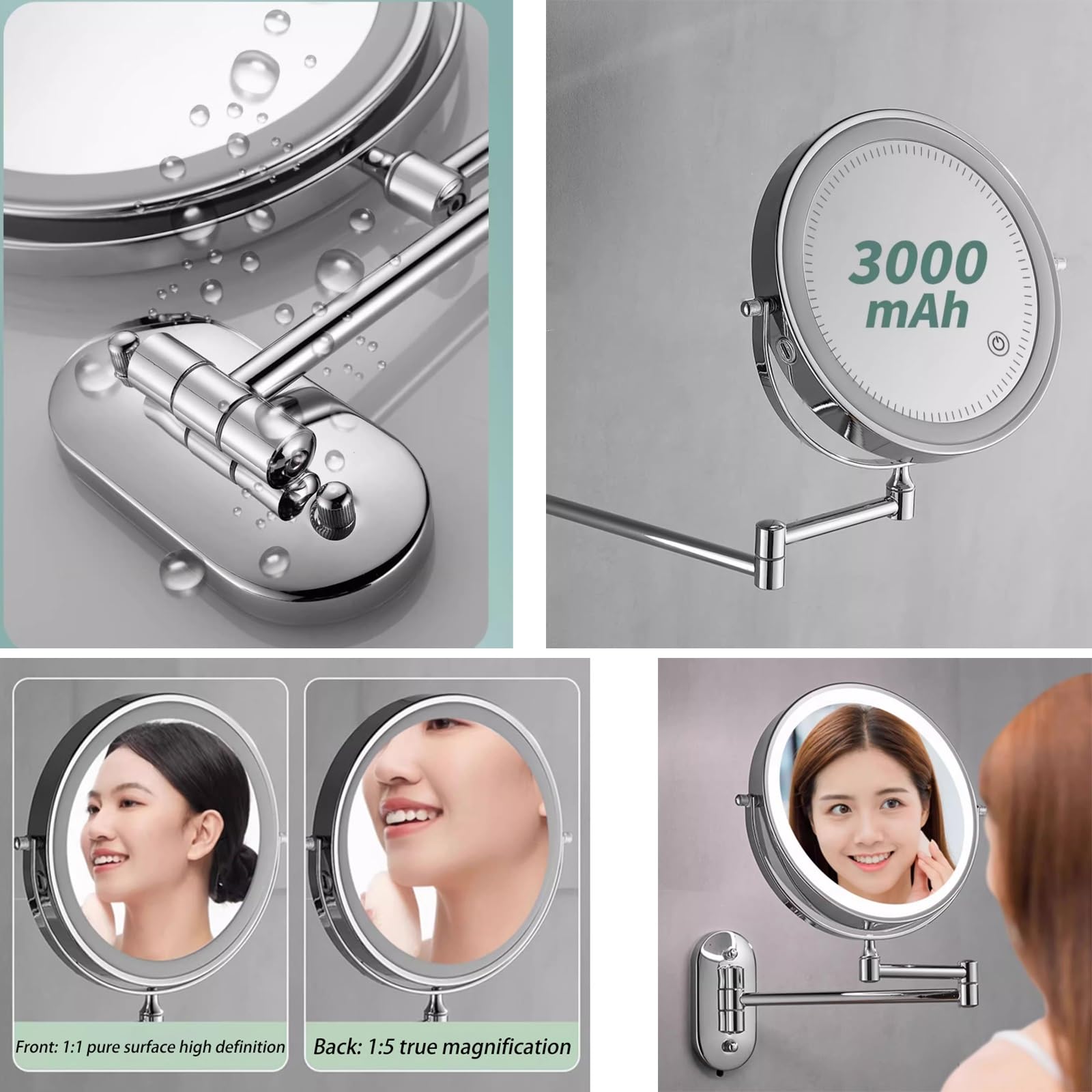 Specchio Trucco Con Luci Da Parete Oro Bagno Ingranditore Da Muro 5x/1x Con Braccio Estensibile Rotazione A 360° Bifacciale Braccio Telescopico Regolabile Modalità Luce A Tre Colori(Gold)