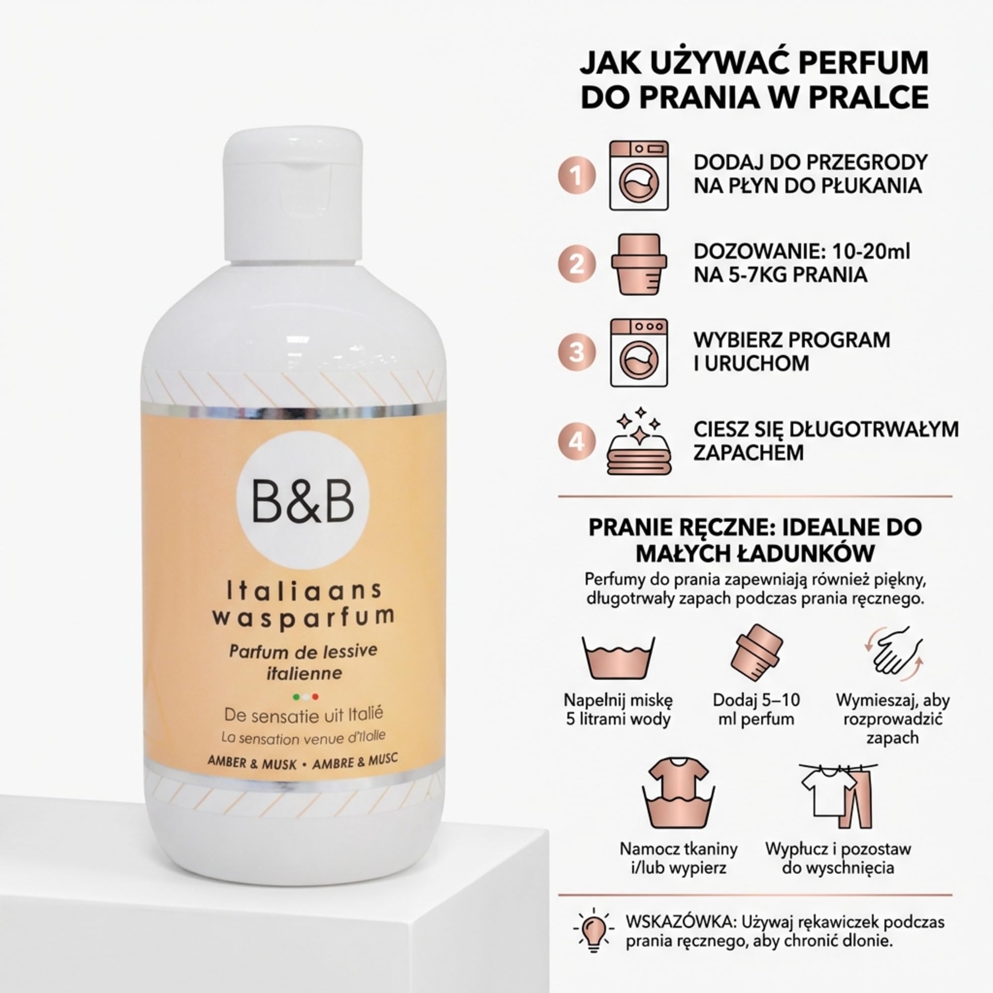 B&B Włoski Perfum do Prania Ambra i Piżmo – Trwały Zapach Tkanin i Wzmacniacz Aromatu do Prania, Ciepły Elegancki Zapach Ambry i Piżma, 250 ml (Do 25 Prań)