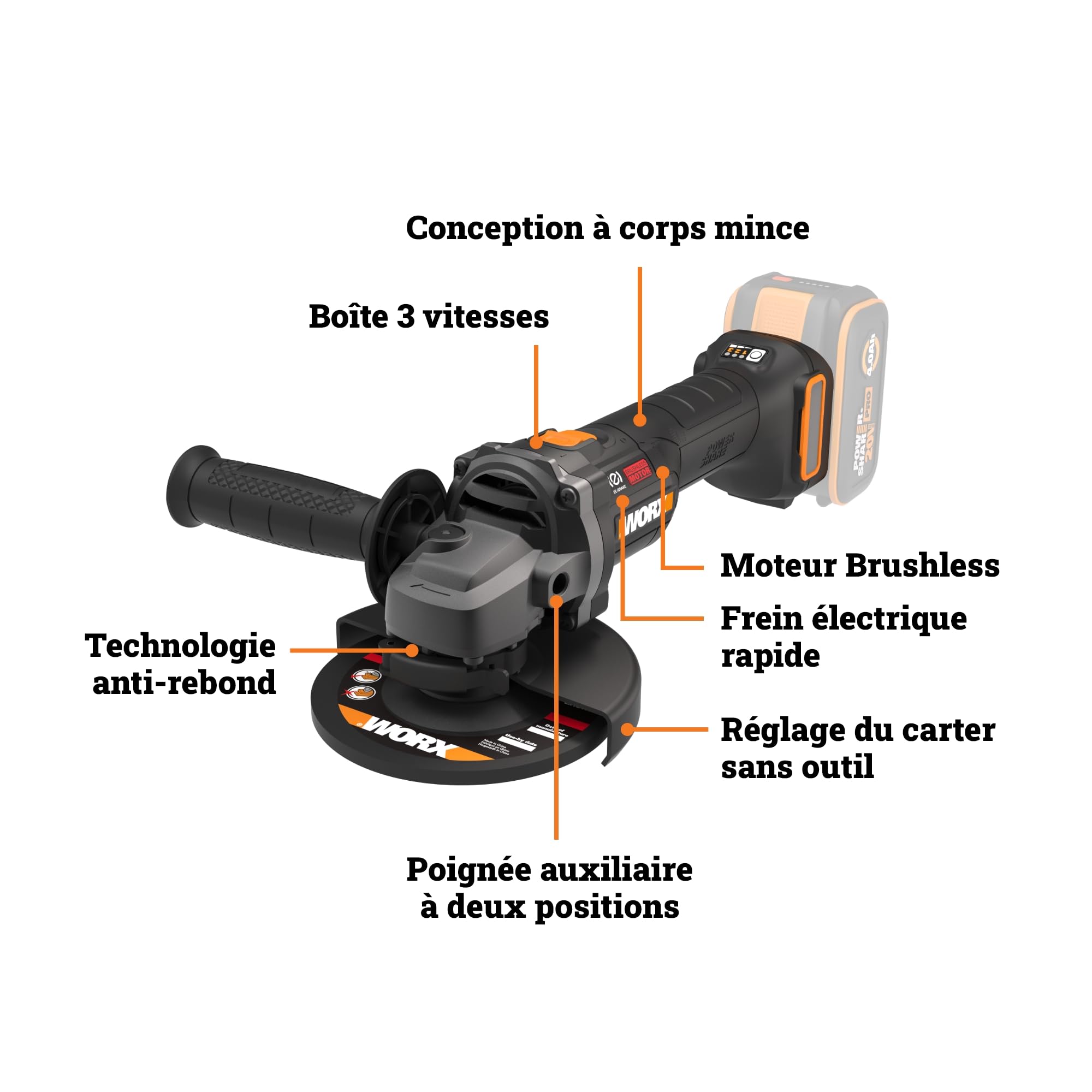 WORX Meuleuse d'Angle sans Fil Brushless 20V WX814.9, Disque 125 mm, 8600 tr/min, Multimatériaux, Livrée avec capot de protection, Disque de meulage pour métal, sans Batterie ni Chargeur
