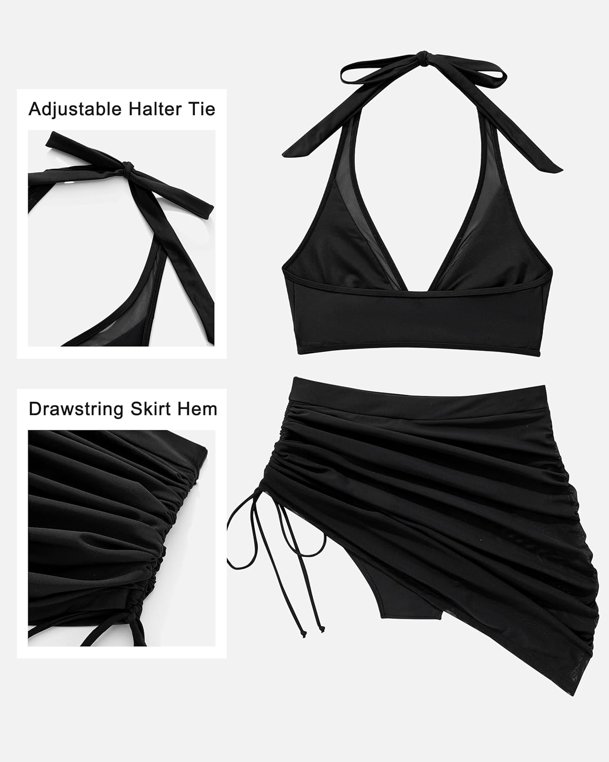 RXRXCOCO Mesh Halter High Waisted Bikini Sets for Women Tummy Control Swimsuits Two Piece Bathing Suits with Skirt - Image 6
