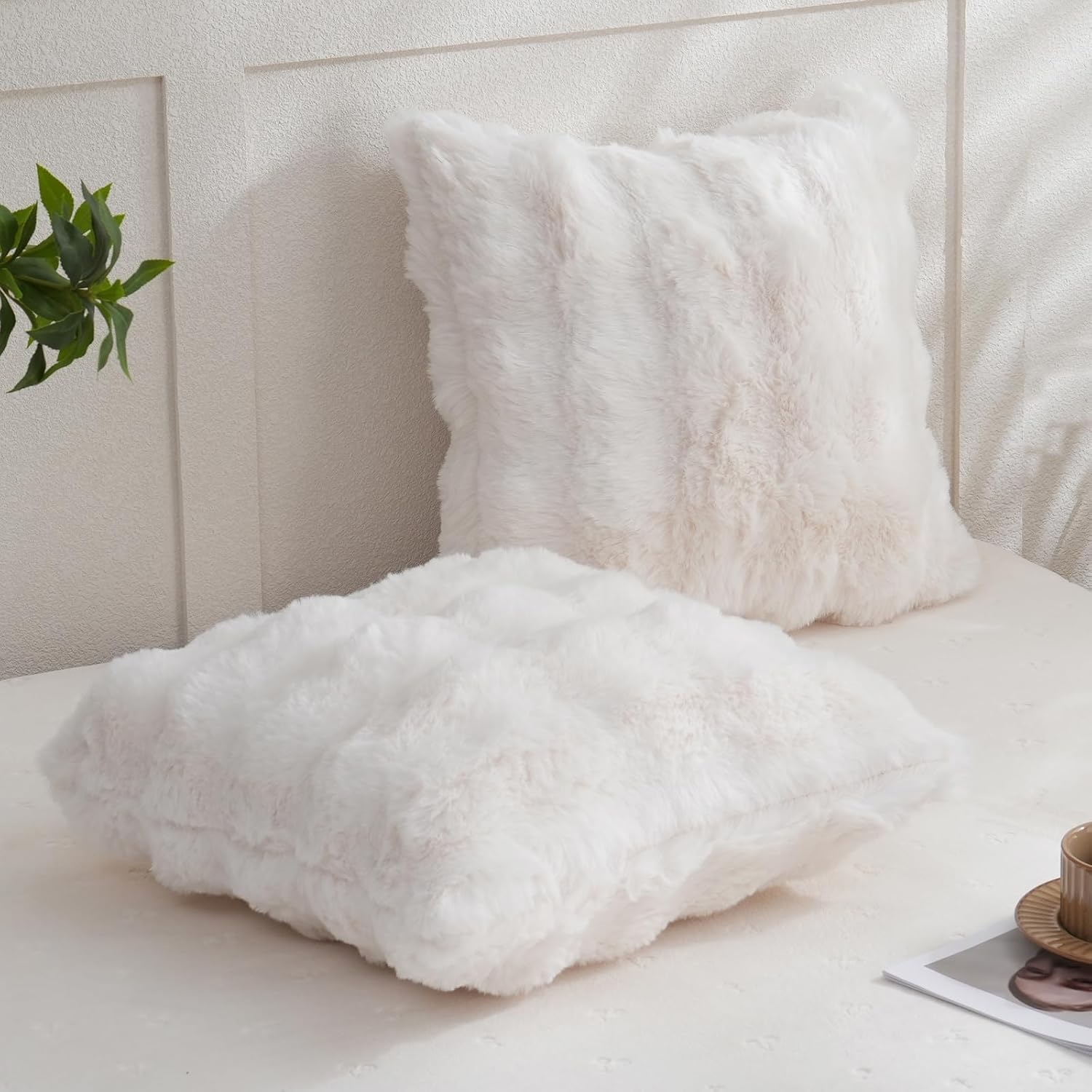 Faux Fur White Throw Pillow Cover Ultra Furry Fuzzy Couch Pillow Case Cream White Cushion Cover Room Decor Decorative Pillowcase 18 x 18 inch Set of 2