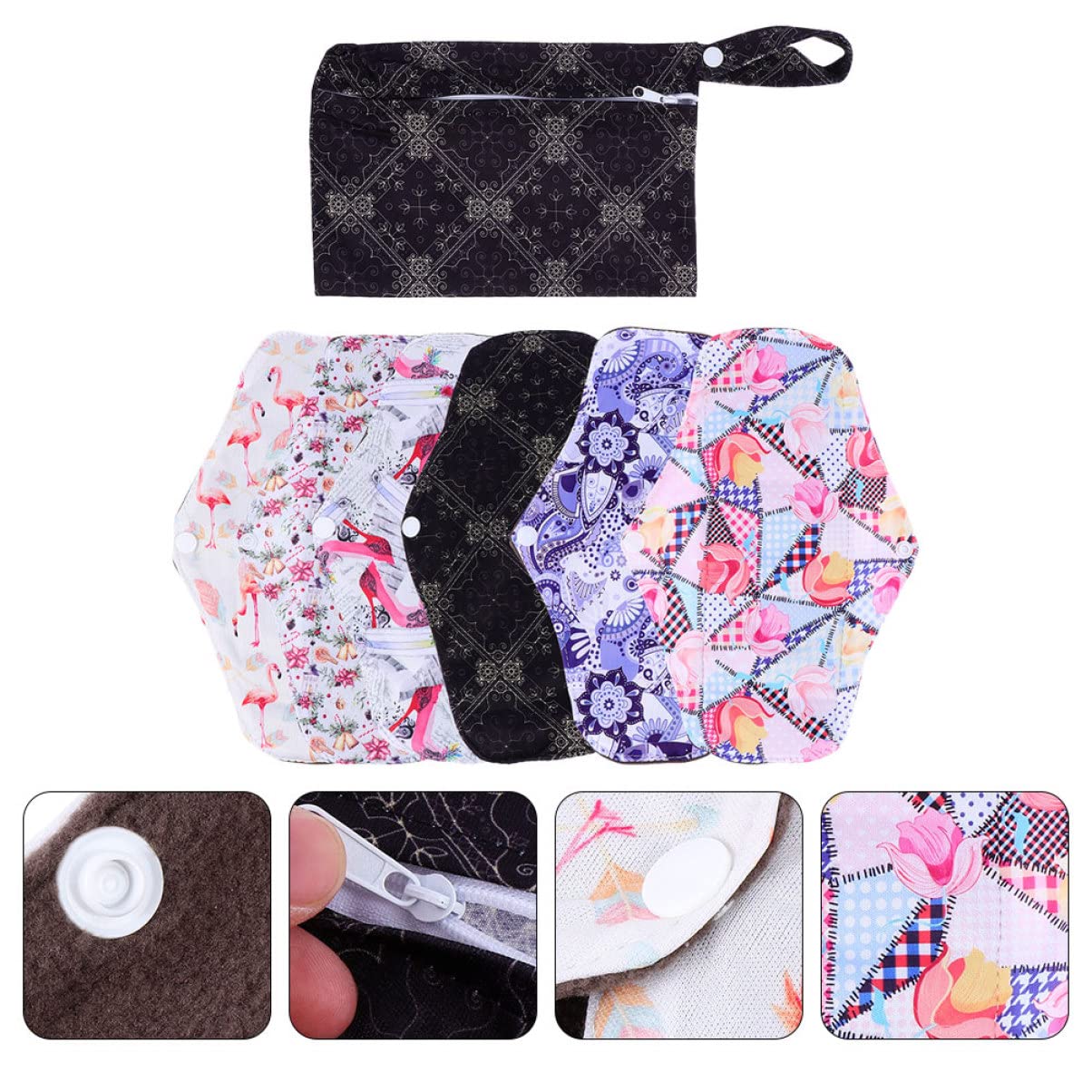 Compresa Menstrual Reutilizable M de Fibra de Carbón 7 Piezas | Alas y Broches de Fijación, Tacto Cómodo para Uso Diario y Ejercicio, Formato Lavable Estilo Aleatorio