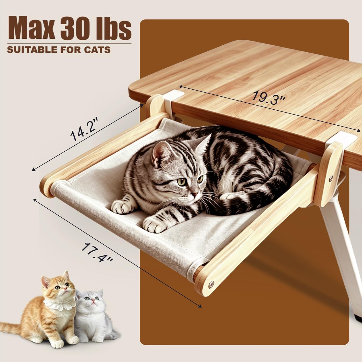 Cat Desk Bed, Wood Cat Bed for Desk with Double Hammocks and Clamps, Cat Desk Hammocks Fit for Some Wood Sofa, Chair and Window Sill