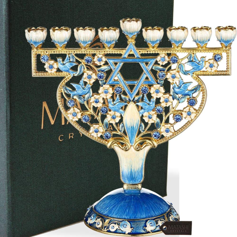 Matashi Hand Painted Enamel Menorah Candelabra w Doves & Flowers Design & Floral Spinning Dreidel Holiday Ornaments (Pewter) w/Gold Accents & Crystals Jewish Candle Holder Hanukkah Gift Jewish Decor