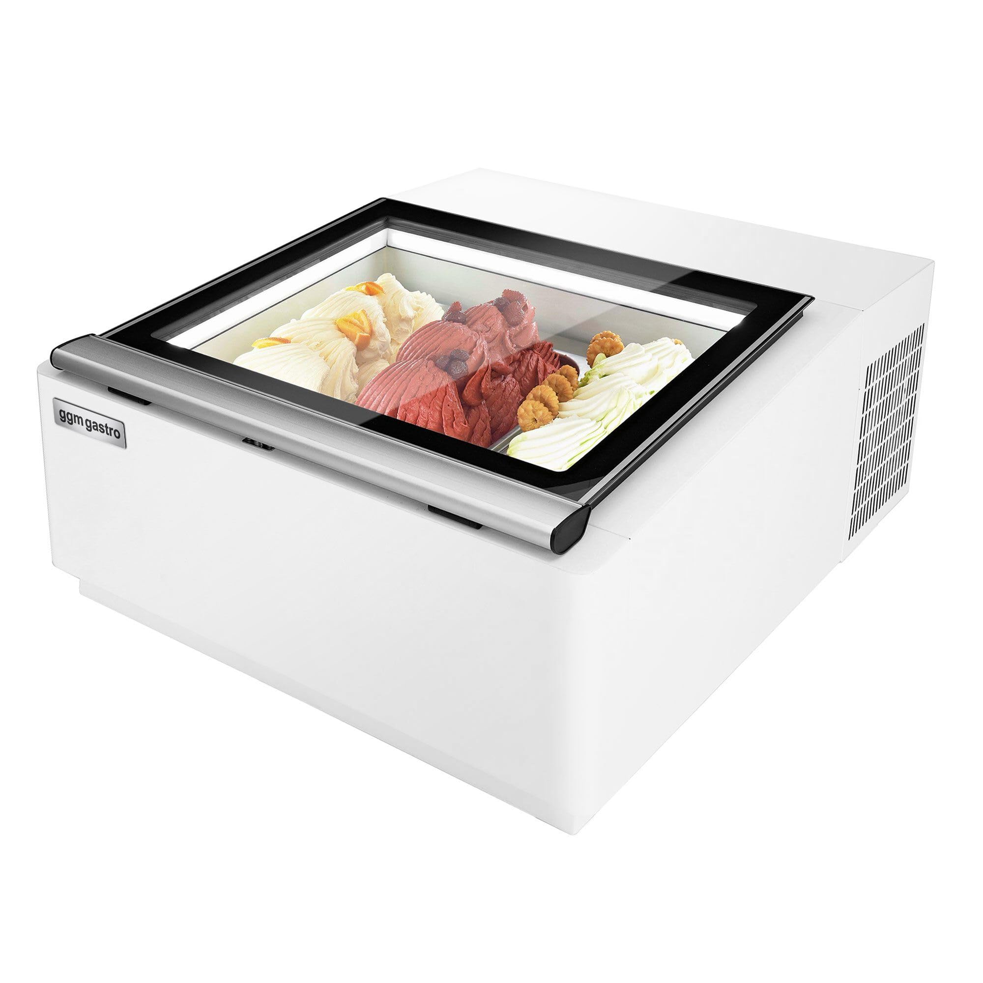 Tisch-Eisvitrine - 670mm - Statisch - für 3x 5 Liter Eisbehälter - Deckelöffnung zur Bedienungsseite | robuste Edelstahlbauweise, beheizbare Scheiben, digitale Temperaturkontrolle, automatische Abtauung, sofort einsatzbereit