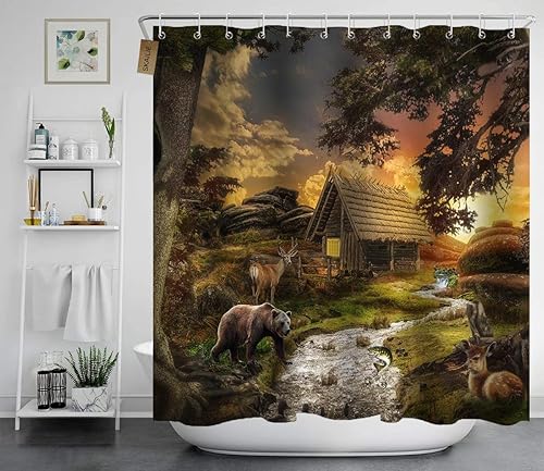 Miniatura 3 de SKAILIÉ Juego de 4 cortinas de ducha de granja, diseño de oso, ciervo, alce, lubina, pesca, caza, vida silvestre, árbol, bosque, bosque, camuflaje,