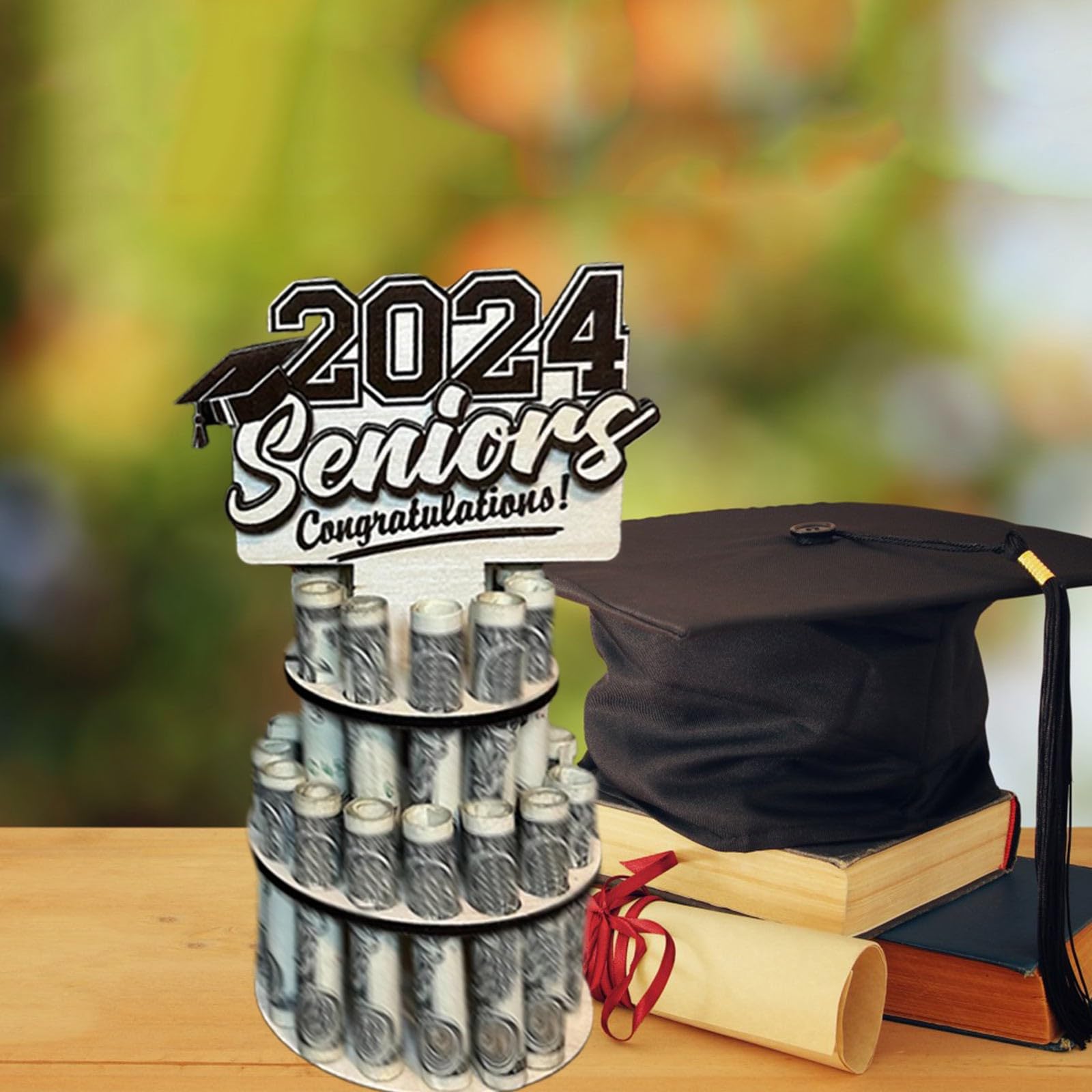 2025 Graduation Decorations Wooden Tower Money Holder Ornament with Graduation Cap, Graduation Decoration Party, Cash Gift Graduation Gifts for Student All Ages School/College (Tower-B.)