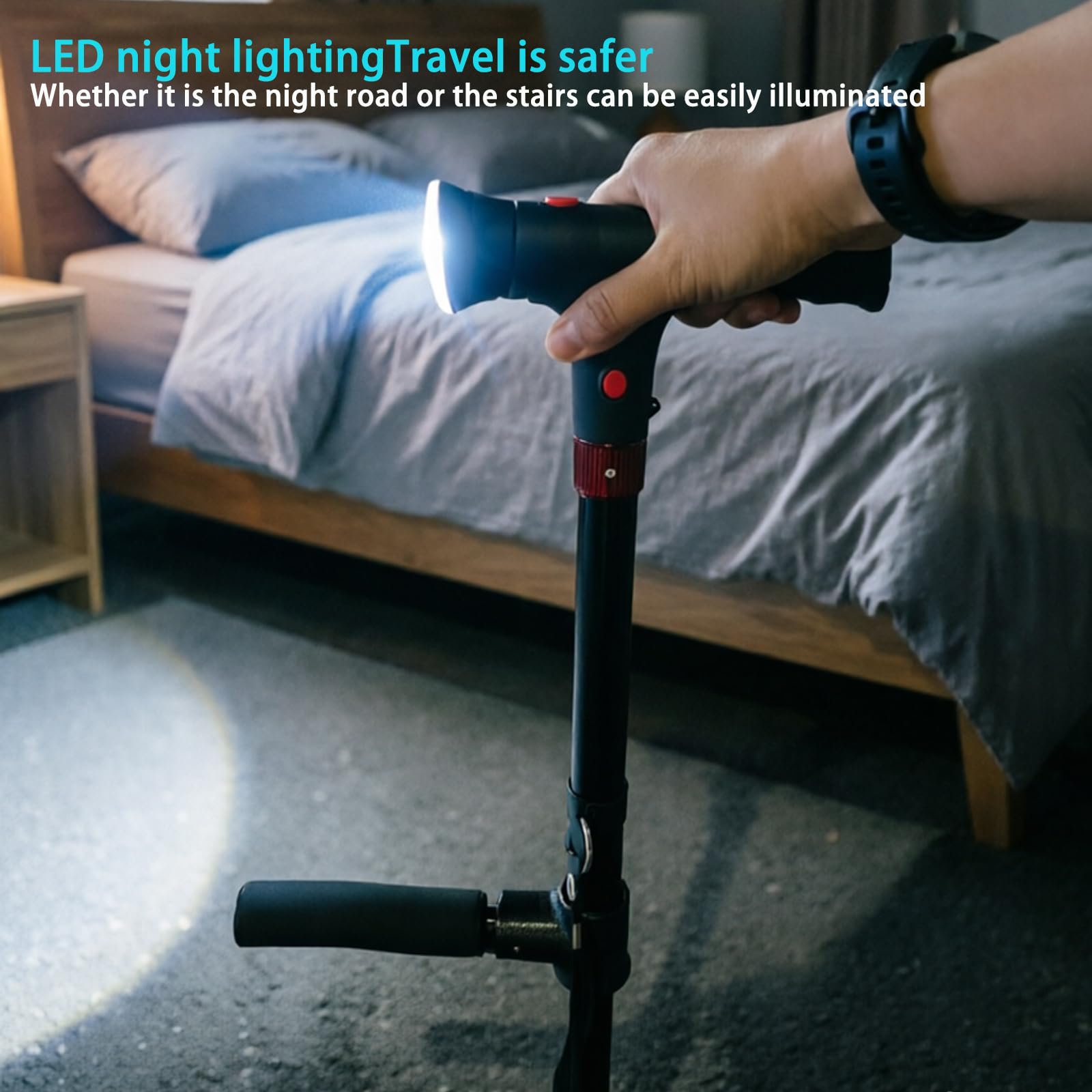 Bastón Naxir Stand Secure – Soporte Estable con Luz LED y Alarma, Ajustable, Base Antideslizante para Mayores