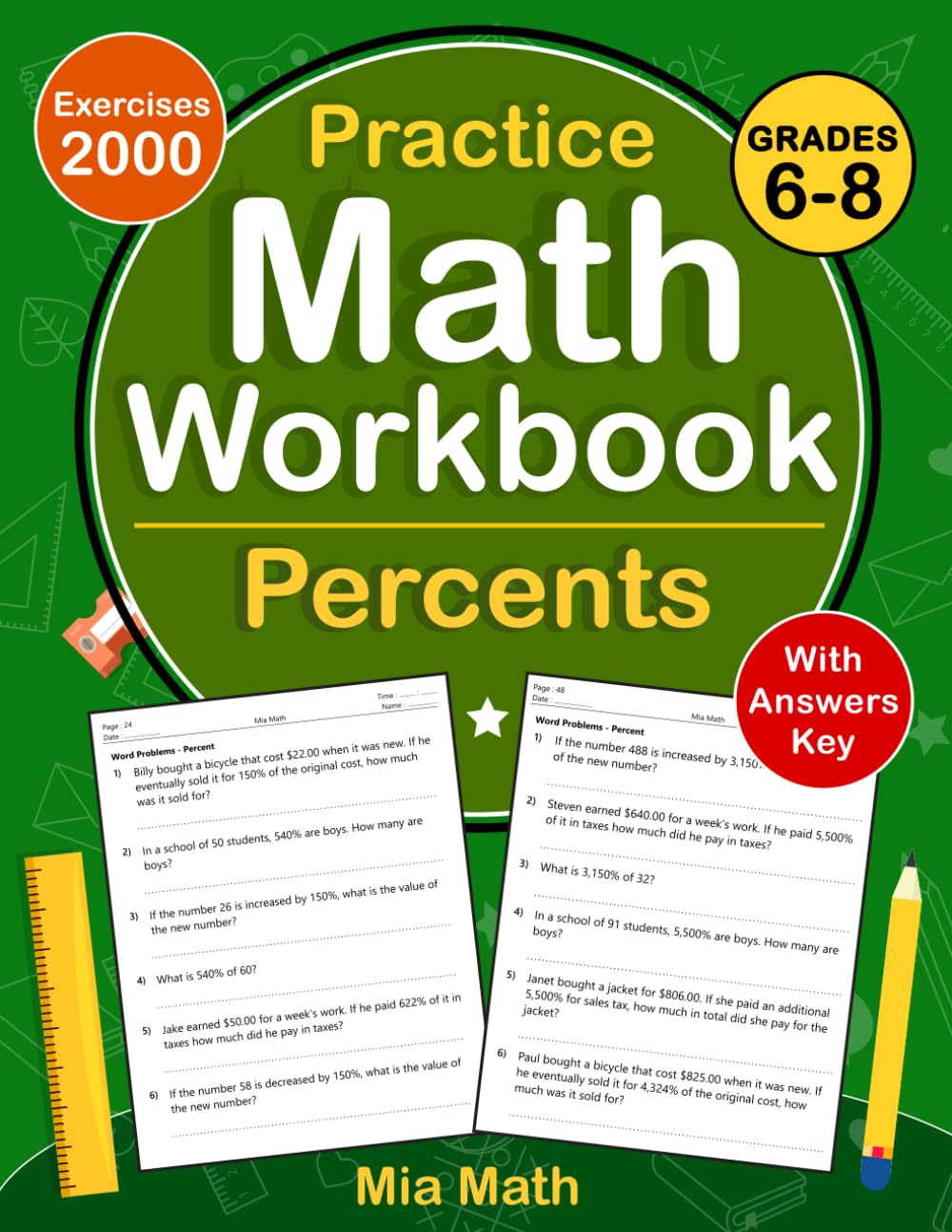 Percents Word Problems Workbook For Grades 6-8 With Answers Key: Percents Word Problems Practice Workbook For 6th & 7th And 8th Grade With 2000 ... Word Problems Worksheets For Grades 6-8