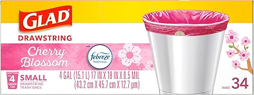Miniatura 13 de Glad Odorshield - Bolsas de basura pequeñas con cordón, 4 galones, rosa, flor de cerezo, 34 unidades, el paquete puede variar