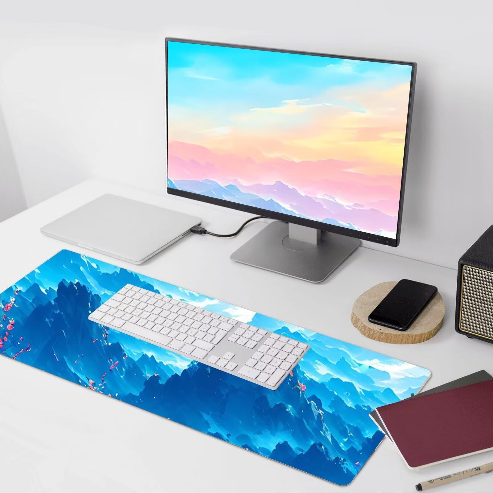 Duża podkładka pod mysz, 100 x 50 cm, rozszerzona podkładka pod mysz, sowa w kolorze górskim, podkładka na biurko, dla dorosłych, gamingowa podkładka pod klawiaturę z przeszytymi krawędziami i
