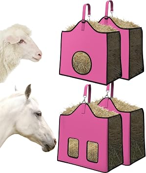 Hay Feeder for Goats and Horses - Slow Feed Design, Heavy Duty Hanging Hay Bag for Barn, Trailer & Paddock, Easy to Hang & Clean2pcs, Pink
