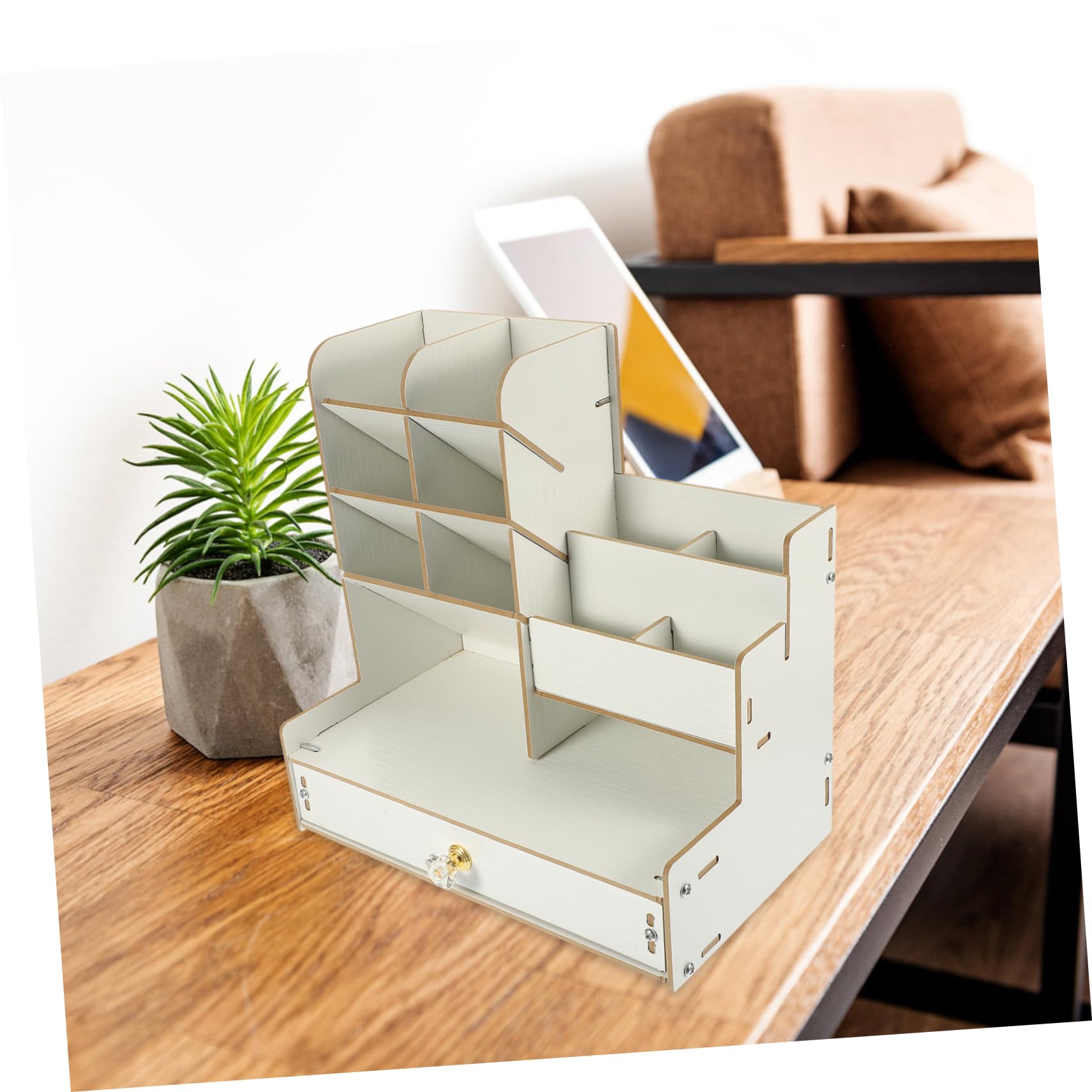 Portaoggetti da Scrivania in Legno Bianco, Organizer Multi-scomparto
