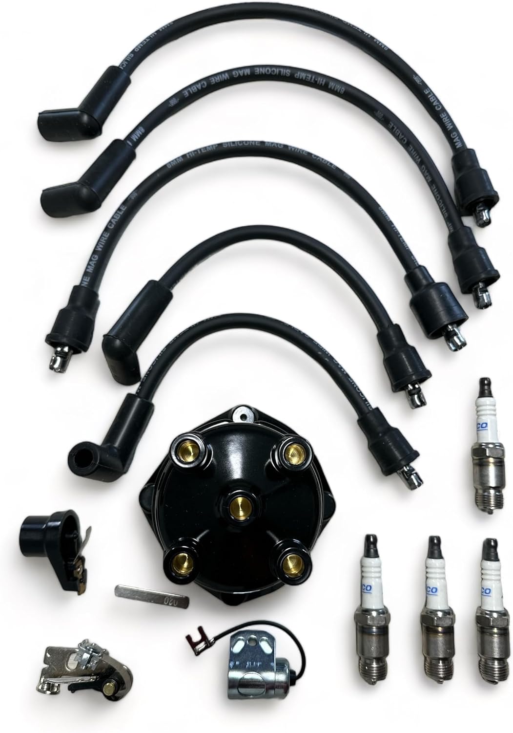 Tune up kit for 1963-1989 Mercruiser and OMC 2.5L and 3.0L with conventional point ignition. Distributor cap, spark plugs, wires, points, condenser