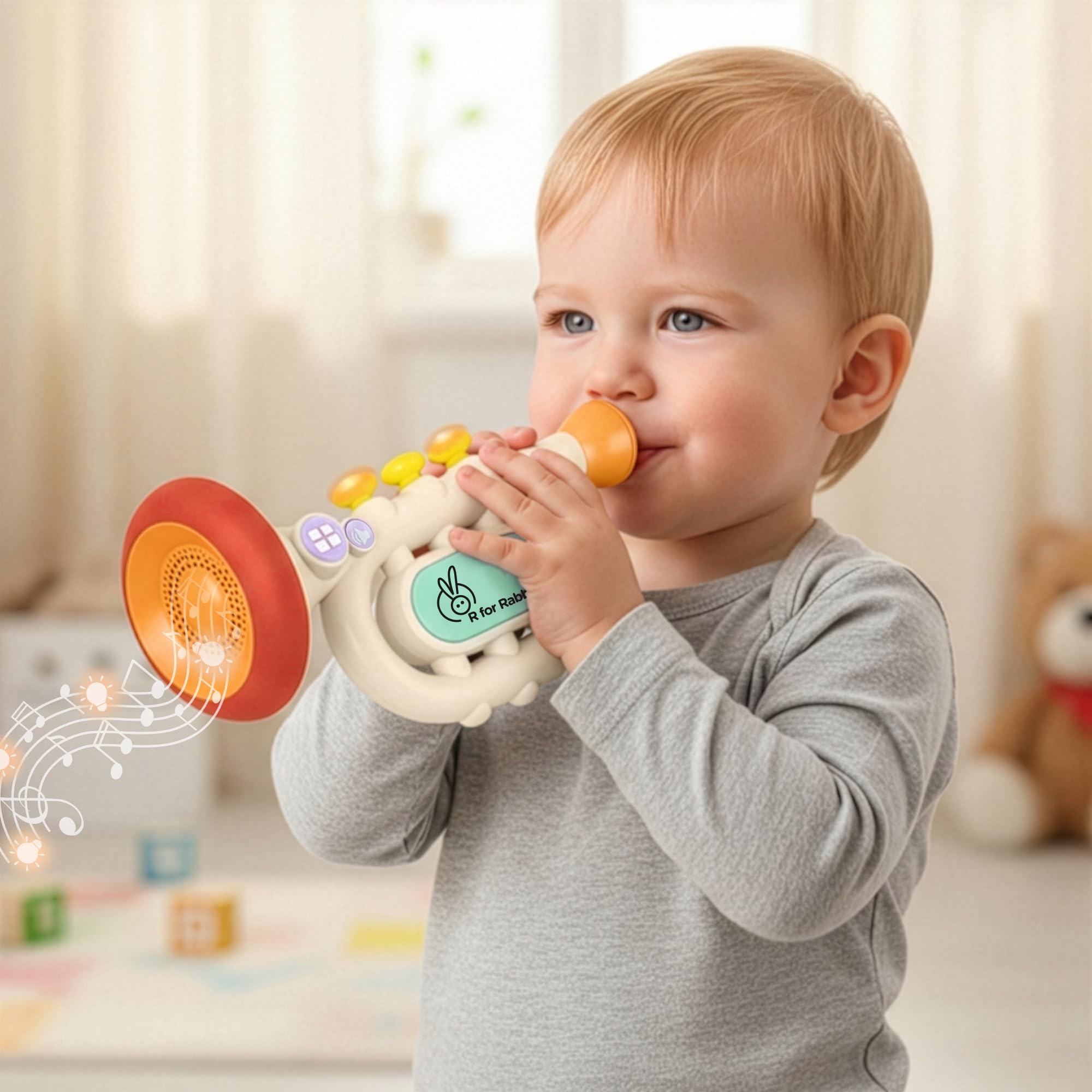R for Rabbit Orapple Funtunes Trumpet Musical Toys for Kids | Light & Sound Music with Smart Auto Shut Off | 3 Play Modes | Early Learning Music Toy for Toddlers Ages 1+ Ideal for Kids (Beige Multi)-image-33