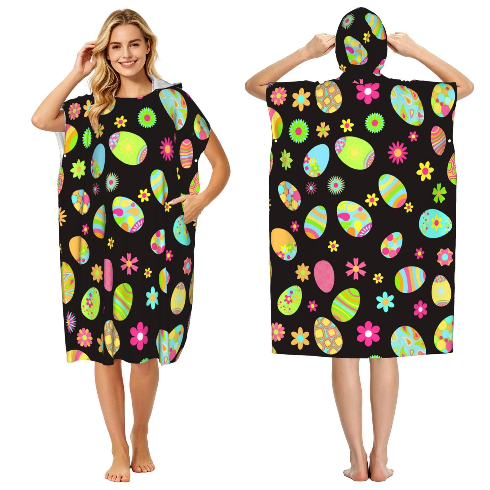 Poadnly Happy Easter Colorful Easter Eggs, Adult Hooded Beach Towel 90 x 110 cm,Changing Bath Robe, Surf Poncho Towel For Women Men
