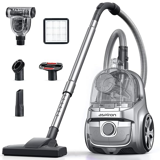 Canister Vacuum Cleaner, Aspiron Lightweight Bagless Vacuum Cleaner, 3.7QT Compact Corded Vacuum, H10 HEPA Filter, 5 Brushes, Automatic Cord Rewind, Variable Speed for Hard Floors