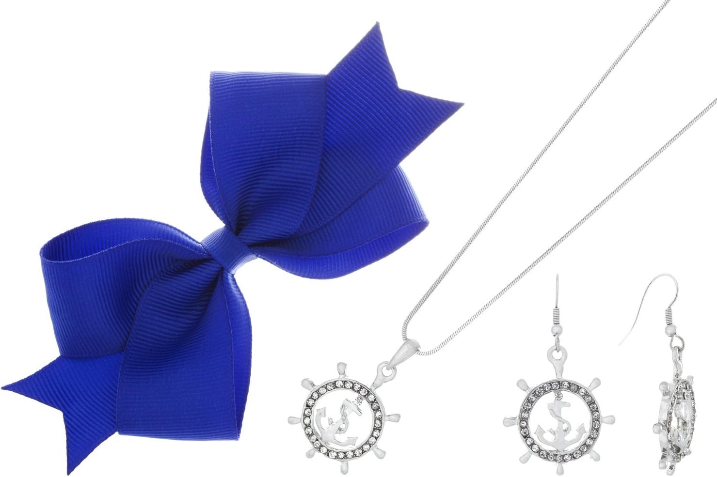 Independence Day Rhinestone Crystal Nautical Wheel and Anchor Earrings,Necklace, and Small Bow Clip