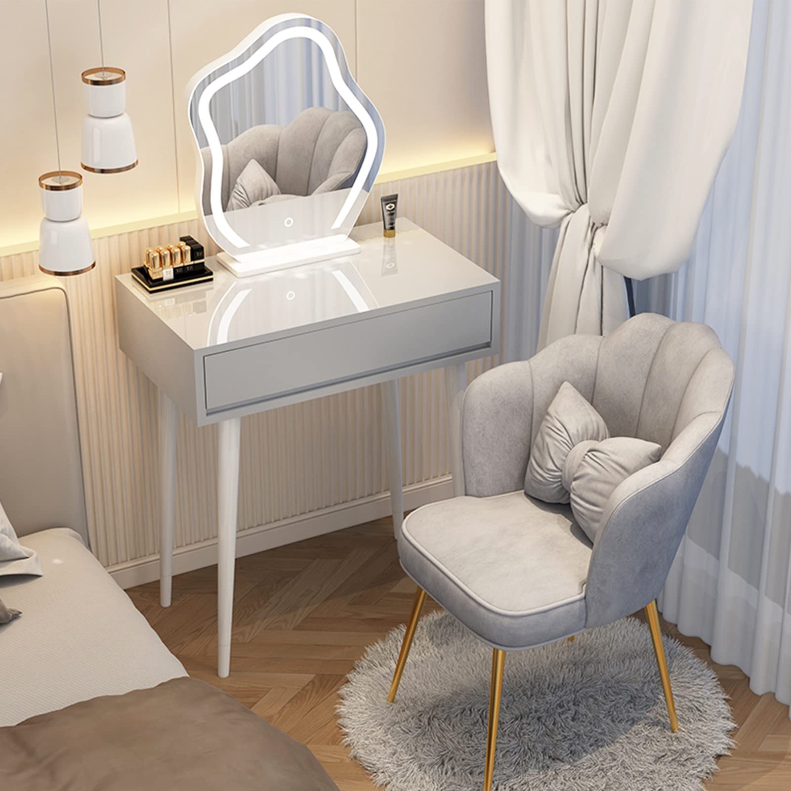 asdchZen Elegant Makeup Vanity Table With Led Lighted Mirror & Upholstered Stool, White & Grey Dressing Table For Bedroom, Spacious Drawers, 60Cm/23.6In,Grey a-60cm/23.6in