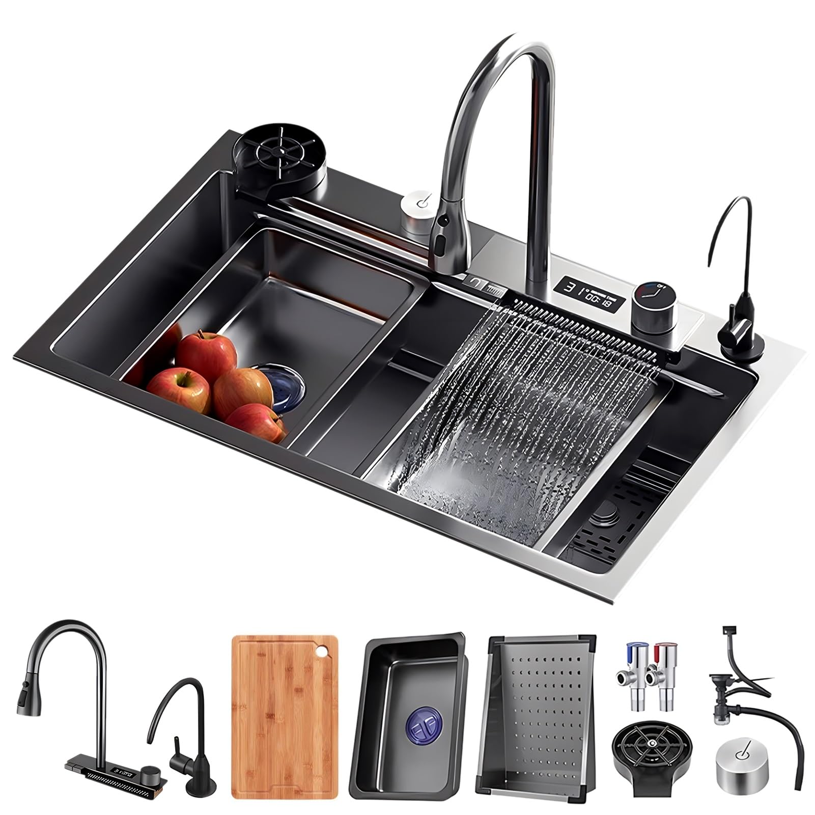 ZQFHSX Large Workstation Kitchen Sink, Multifunctional Bar Prep Sink With Waterfall Faucet, Cup Washer & Drain Kits, Stainless Steel Farmhouse Drop In Single Bowl Utensil Sink(B,75x45x21cm)