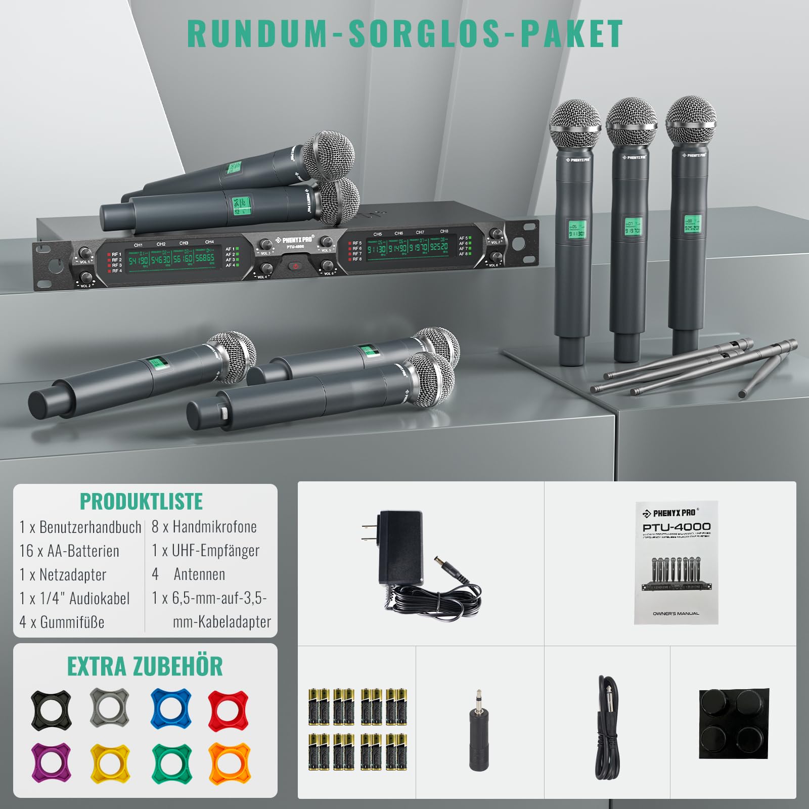 Phenyx Pro Drahtloses Mikrofonsystem, 8-Kanal UHF kabelloses Mikrofon mit Metall-Handmikrofonen, dynamisches Festfrequenz-Mikrofon für Karaoke, Kirche, Gesang, DJ, 260ft Reichweite (PTU-4000-8H)