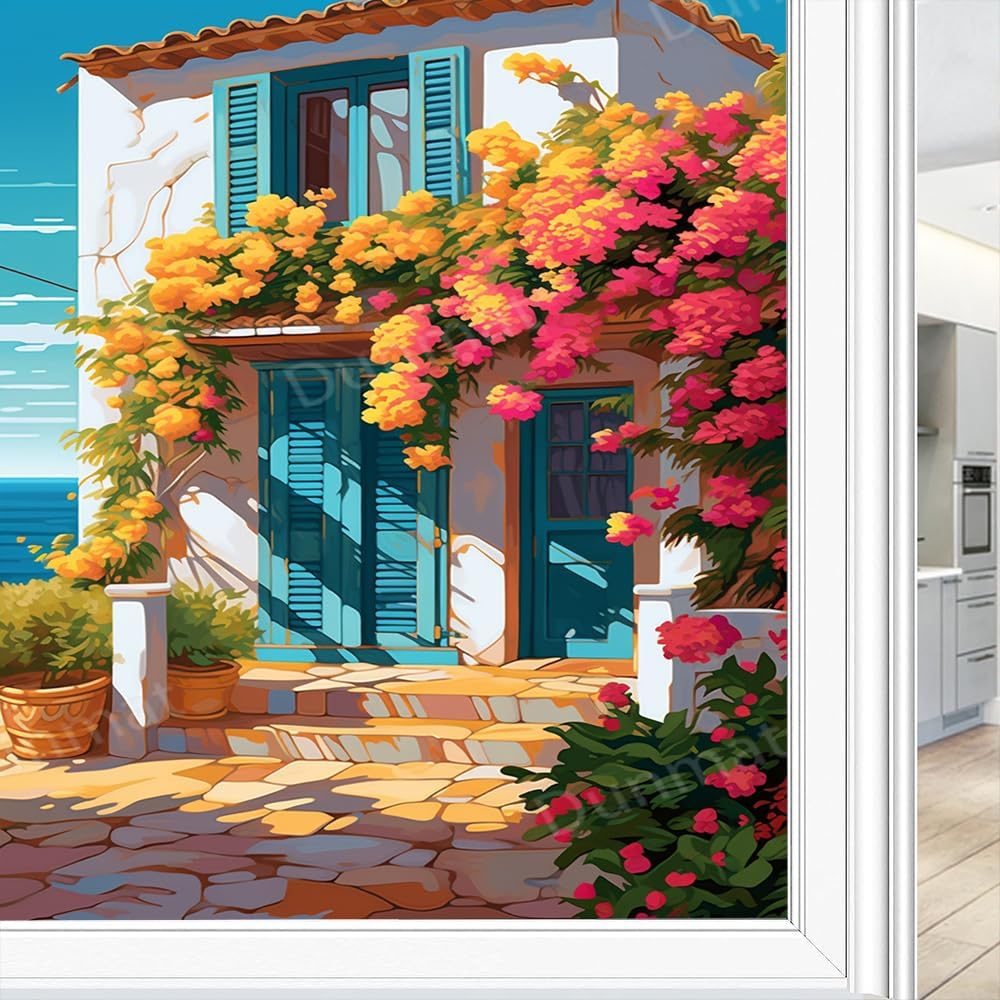 Modern House Window Privacy Film Summer View Colorful Flowers Stained Glass Window Film Sun Blocking Heat Control Decorative Window Covering Film for Home Office 35.4Wx63L inch