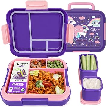 Caperci Bento Box for Kids - Leak-Proof Toddler Lunch Box Container with 2 Modular Containers & 4 Compartments, Hold 4.8 Cups, Portable Handle, BPA-Free, Microwave/Dishwasher Safe Unicorn