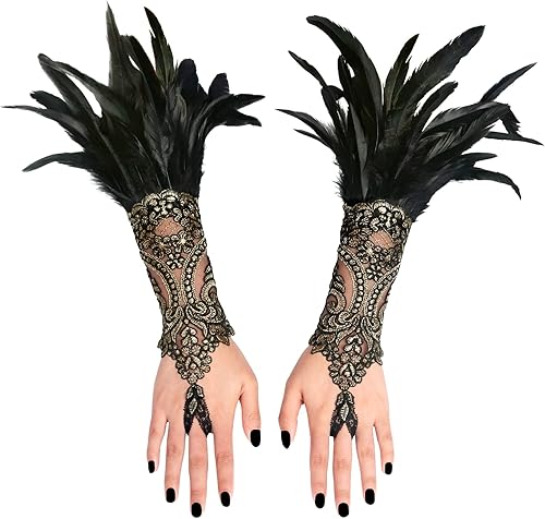 Miniatura 6 de HOMELEX Guantes de encaje con plumas negras para mujer, accesorios de disfraz de bruja y ángel, bandas para muñeca con alas de cisne