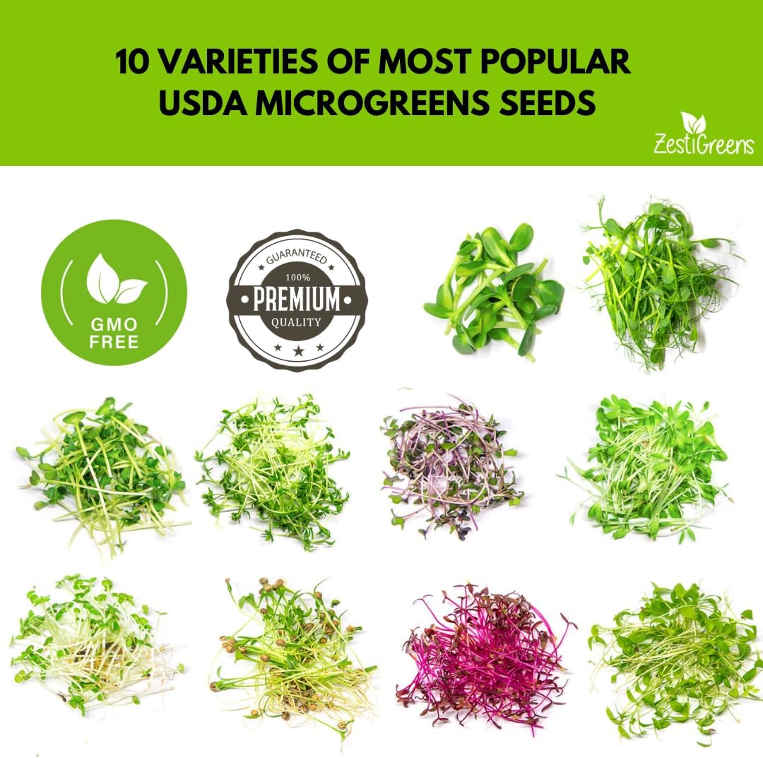 10 Variety Pack Microgreens Seeds - Broccoli, Sunflower, Pea, Salad Mix, Daikon Radish, Kale, Amaranth, Spicy Salad, Red Cabbage, & Arugula. Grow Your own Microgreens with These Organic Seeds.