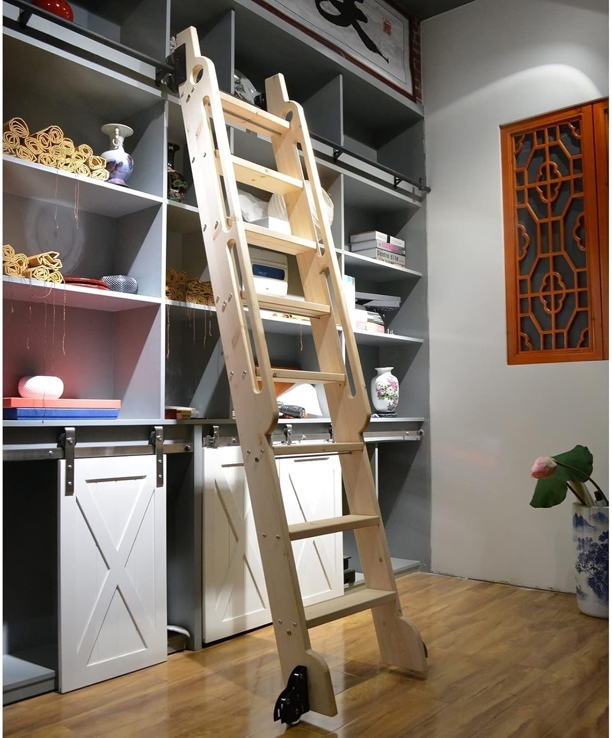 Sliding Library Ladder Hardware Kit with Floor Wheels Brakes and Round Carbon Steel Track Rolling Ladder Hardware for Library