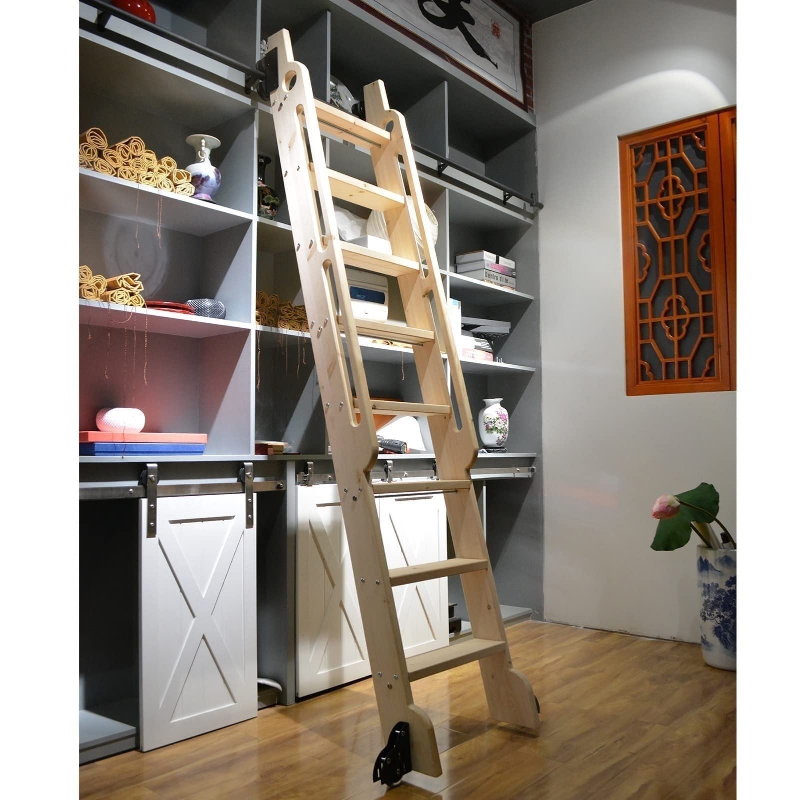 Schiebeleiter-Hardware-Kit, Rollleiter-Hardware mit Bodenrädern und Bremsen, Karbonstahlschiene, einfache Installation, perfekt für Bibliotheken und Heimgebrauch