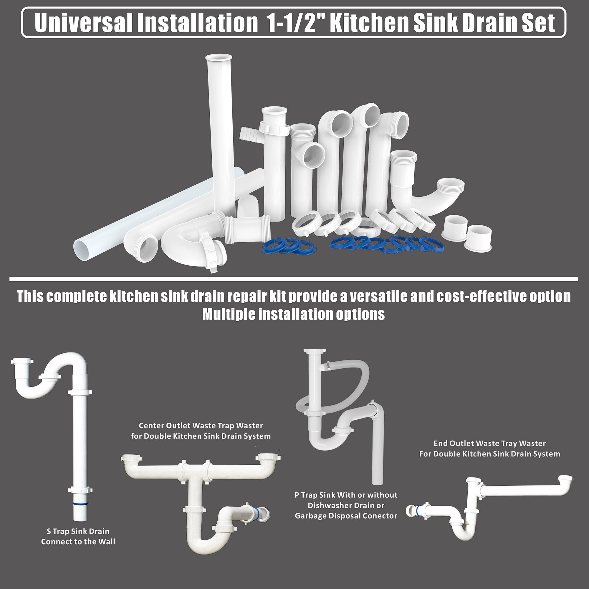 Kit de drenaje de fregadero de cocina, kit de fontanería de drenaje de fregadero de 1-1/2 pulgadas, repuesto universal de trampa P para fregaderos de cocina y baño con accesorios de reparación de