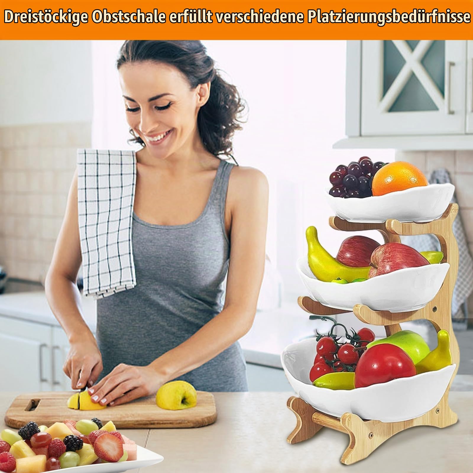 3 Etagen Keramik Obstschale mit Natürlichem Bambus Hölzernen Ständer, Modern Familie Obstkorb, Obst Aufbewahrung Etagere, Küche Servierteller für Gemüse, Desserts, Kuchen, Süßigkeiten, Snacks (Weiß)