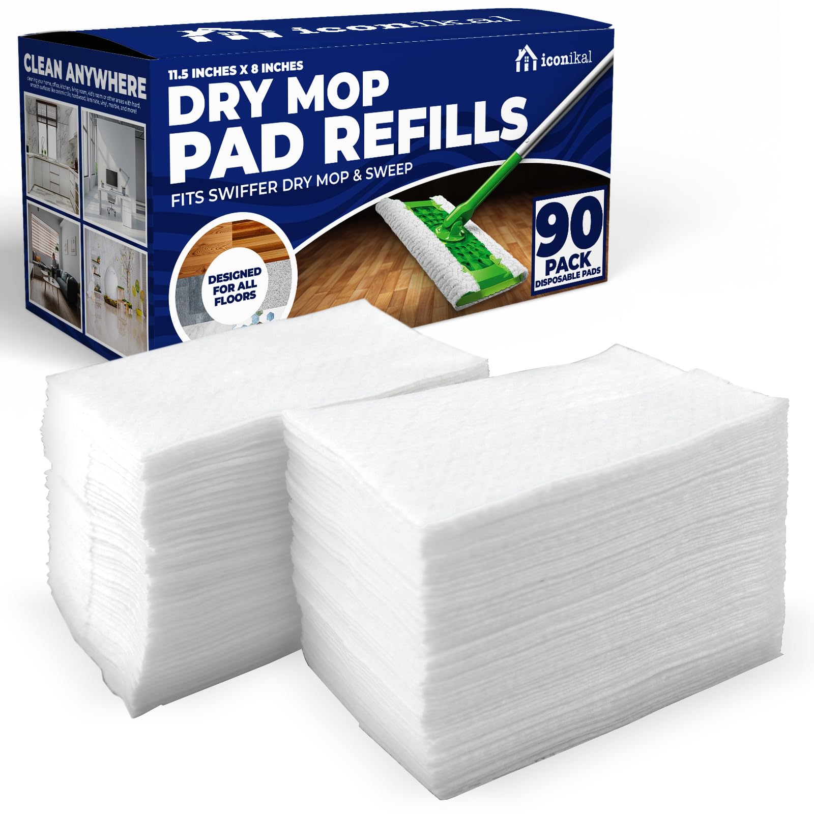 Iconikal Dry Mop Pad Refills (90-Pack) | Fits Swiffer Dry Sweeping Cloths for Dirt, Dust, Hair | Use for Swiffer Pads Refill | Unscented, Disposable Mop Pads for Sweeping, Mopping, Dusting, 11.5" x 8"