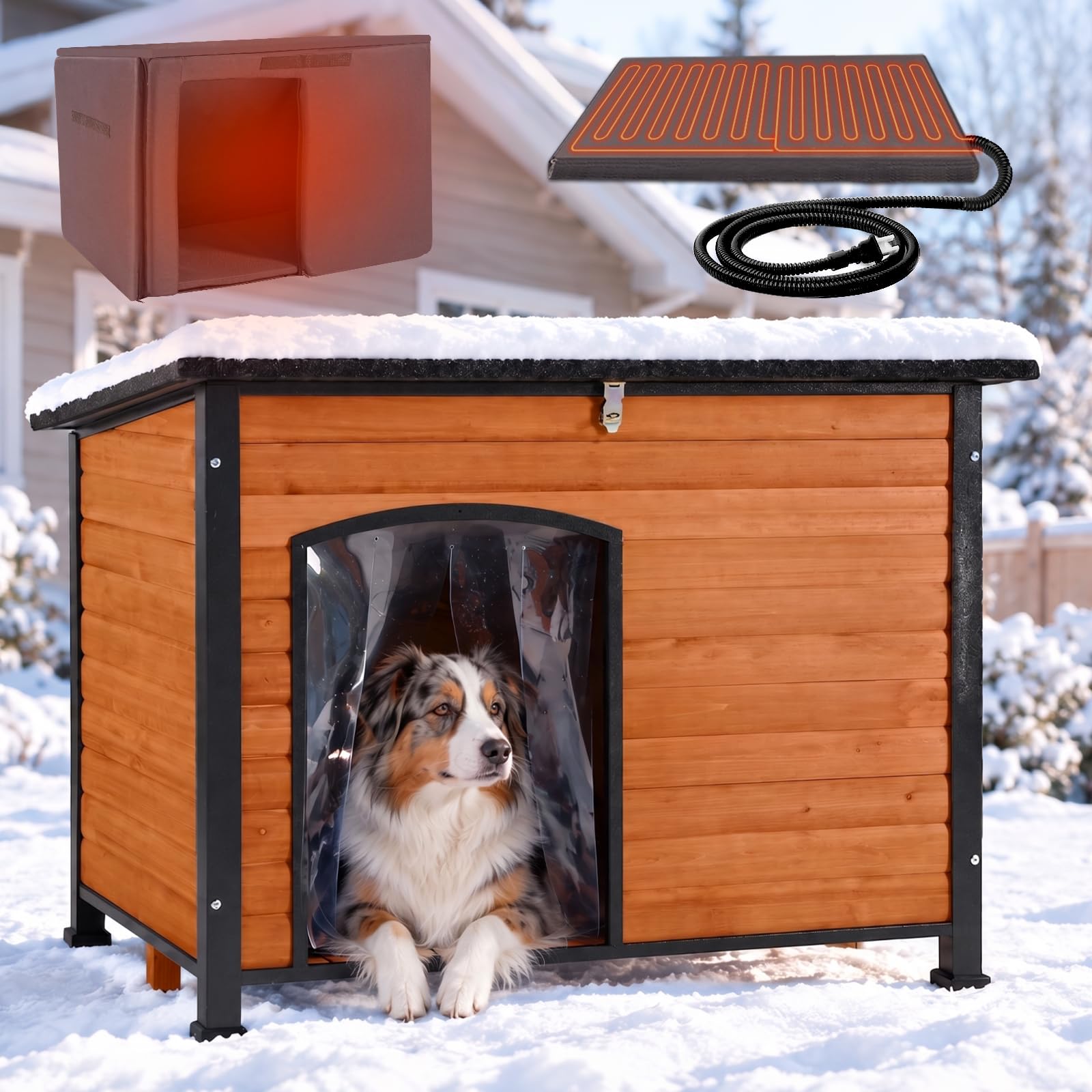 Aivituvin Heated Dog House Outdoor 43.3" Insulated Dog Kennel with Electric Heating Pad Keep Warm in Winter, Strong Iron Frame Pet Shelter,Weather-Resistant