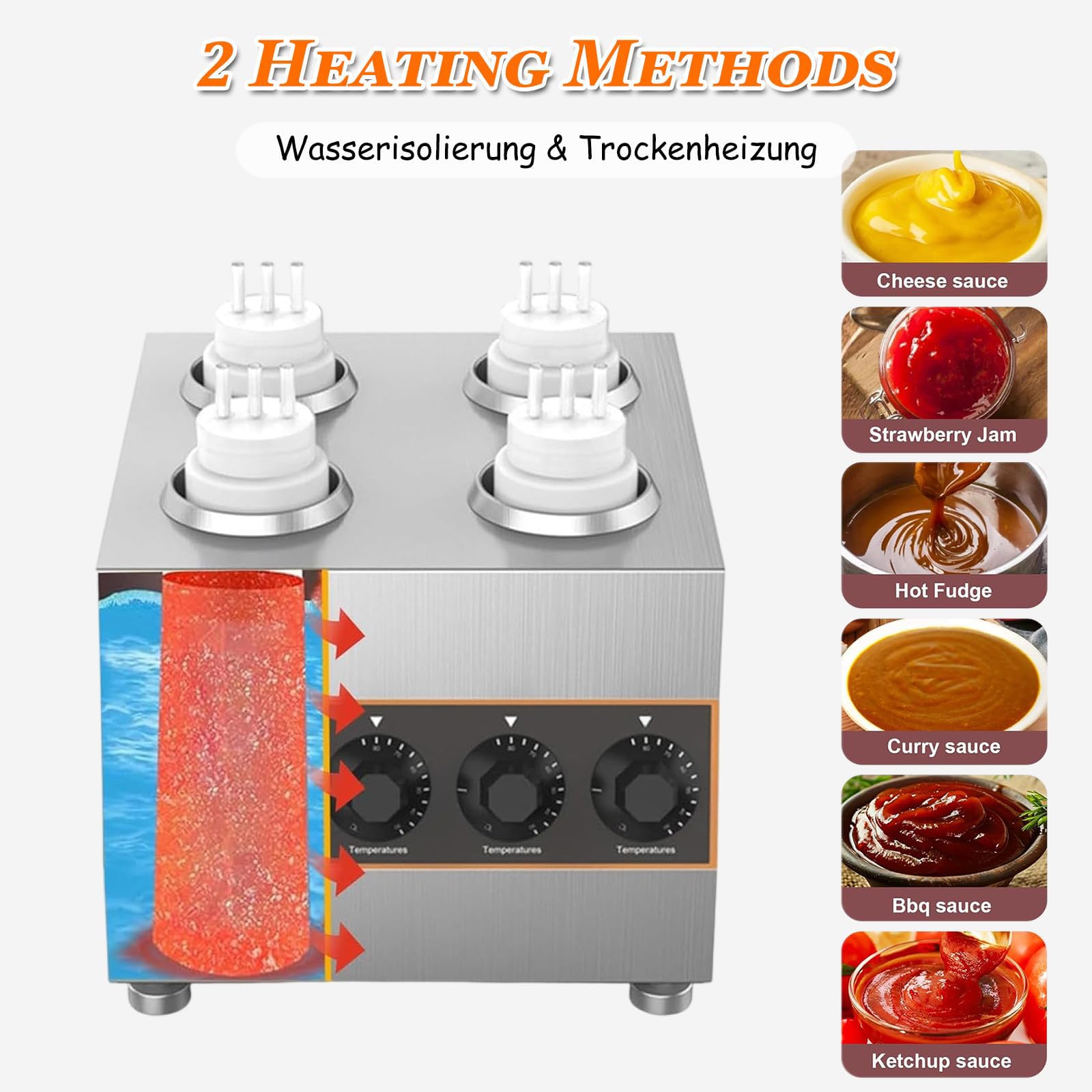 Scalda Salse Professionale, Scaldabottiglie Elettrico A Pressione Da 640 W Con 4 Flaconi A Pressione, Temperatura Regolabile Da 30 A 85 °c, Dispenser Per Marmellate E Cioccolato In Acciaio Inossidabil