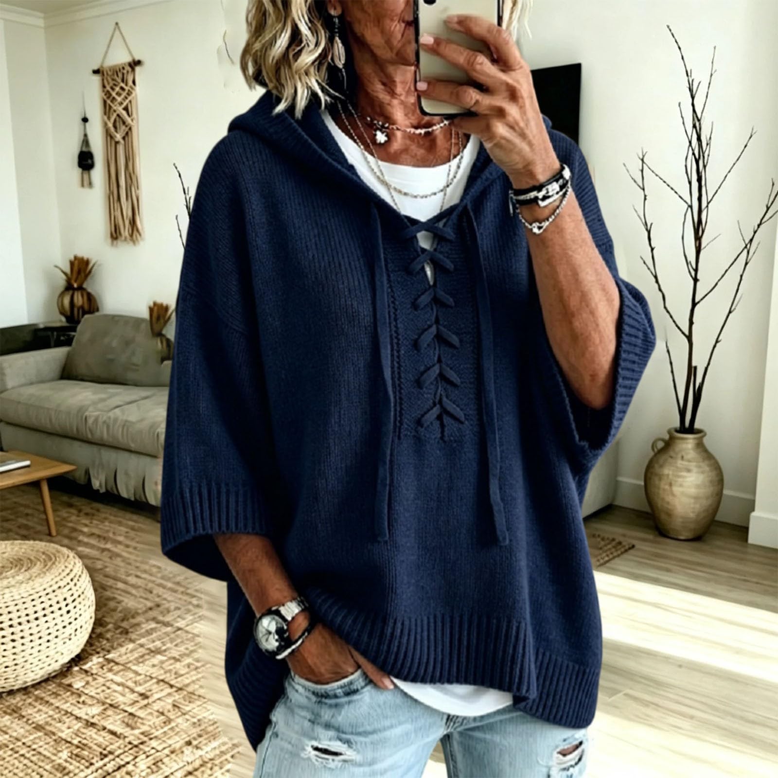 Pull à capuche en tricot à manches courtes pour femme