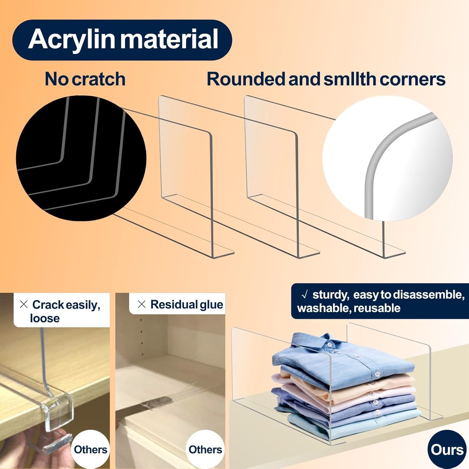 Acrylic Shelf Dividers for Closet Organization，Sweater Organizer for Closet -8pack 8” Tall Clear Plastic Shelf Dividers for Closets Shelves Cabinets